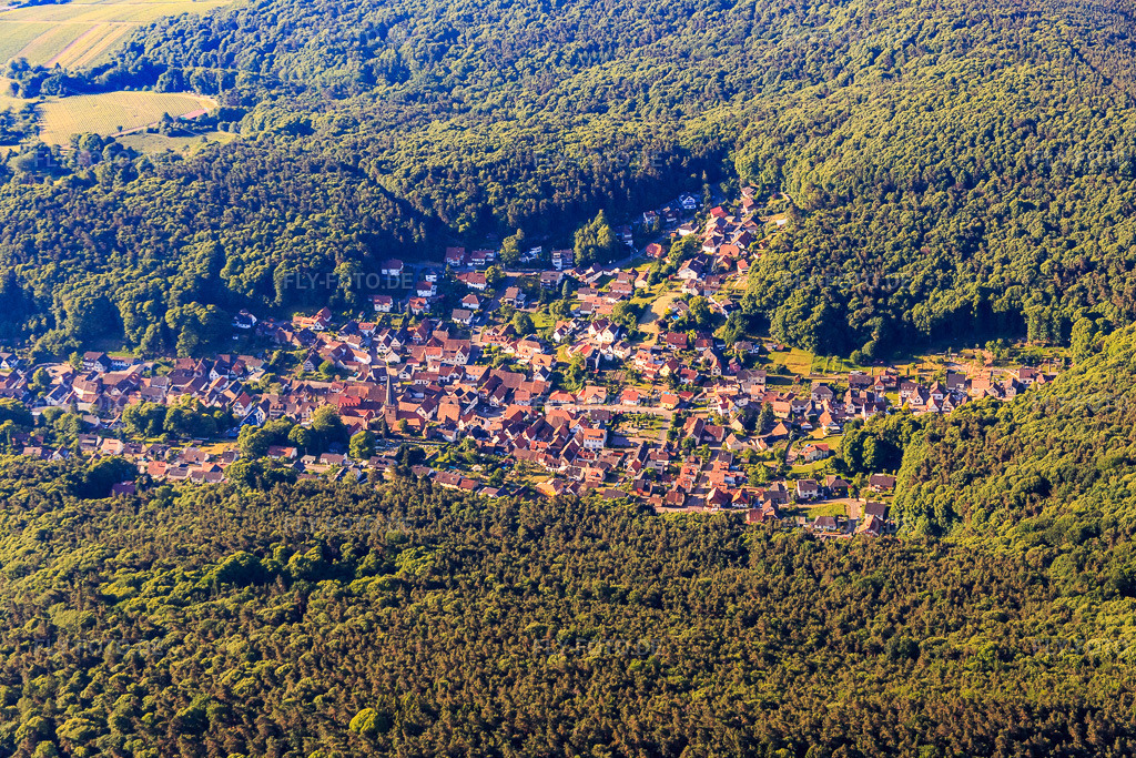 Luftbild: Dorfansicht versteckt im Pfälzerwald aus Norden in Dörrenbach im Bundesland Rheinland-Pfalz in Deutschland. Foto: IMG_080020.jpg vom 05.06.2015 durch Werner Riehm/FLY-FOTO.de