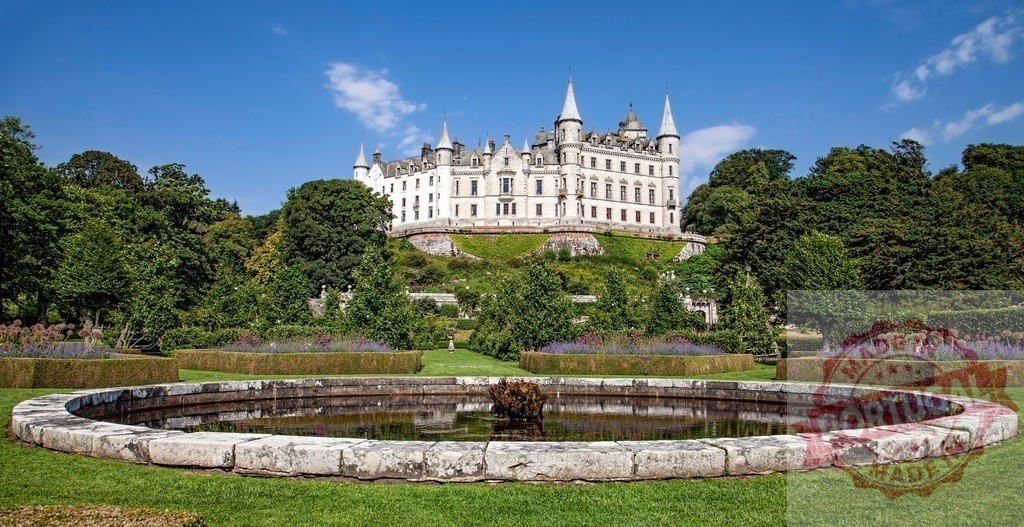 Dunrobin Castle in Scotland featuring gardens and fountain | Dunrobin Castle overlooking formal gardens with a circular fountain on a sunny day - Realized with Pictrs.com