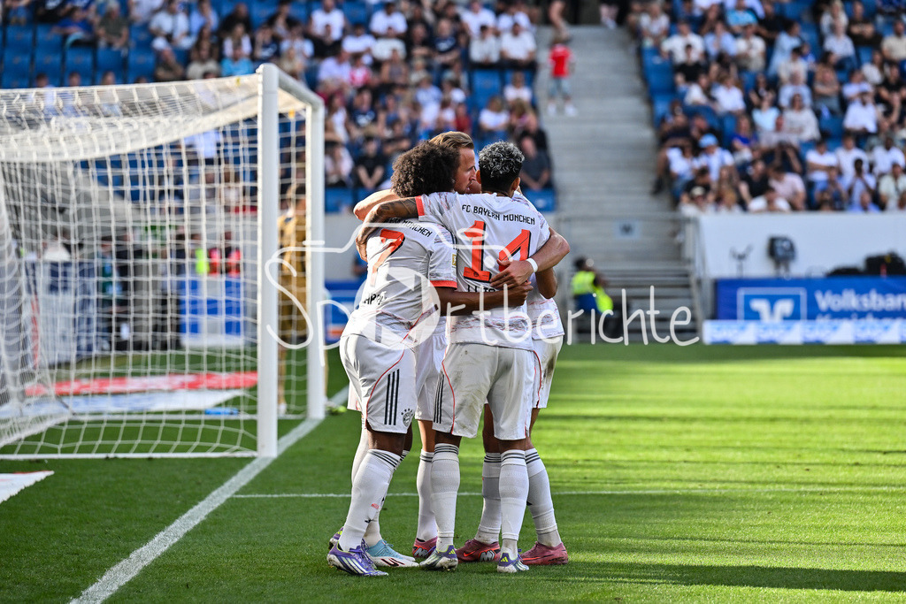 TSG 1899 Hoffenheim - FC Bayern München | Jubel der Bayern nach dem Treffer zum 0-3 durch Harry KANE (FC Bayern Muenchen 9) / Elfmeter / Tor / Torschuetze / Freude / Happy / Bundesliga: TSG 1899 Hoffenheim - FC Bayern München; PreZero-Arena am 20.09.2025 / DFL REGULATIONS PROHIBIT ANY USE OF PHOTOGRAPHS AS IMAGE SEQUENCES AND/OR QUASI-VIDEO