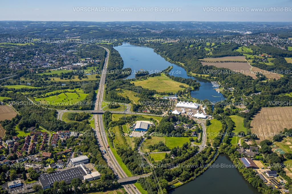 Witten230800671 | Luftbild, Aufbau der Zeltstadt zum ZFR Zeltfestival Ruhr am Kemnader See, Hafen Kemnade, Heven, Witten, Ruhrgebiet, Nordrhein-Westfalen, Deutschland