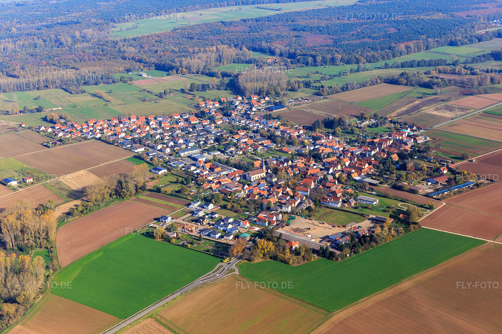 Luftbild: Dorfansicht aus Südosten in Knittelsheim im Bundesland Rheinland-Pfalz in Deutschland. Foto: IMG_104315.jpg vom 31.10.2017 durch Werner Riehm/FLY-FOTO.de