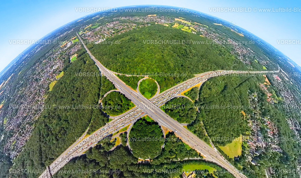 Oberhausen230790158_KreuzOberhausen | Luftbild, Autobahnkreuz Oberhausen mit Stau, Autobahn A2 und Autobahn A3, Sterkrader Wald, Erdkugel, Fisheye Aufnahme, Fischaugen Aufnahme, 360 Grad Aufnahme, tiny world, Alsfeld, Oberhausen, Ruhrgebiet, Nordrhein-Westfalen, Deutschland