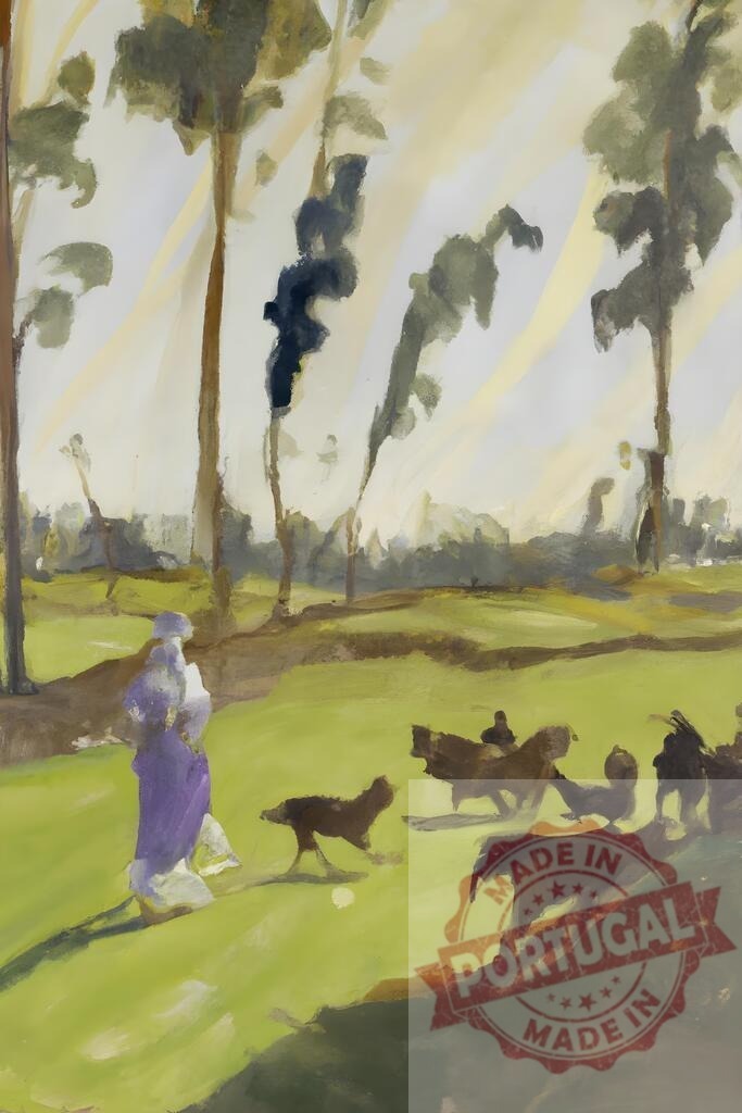 Person walking with dogs in a sunlit park painting | Person walking with dogs on a green lawn with tall trees and sunlight filtering through - Realisiert mit Pictrs.com