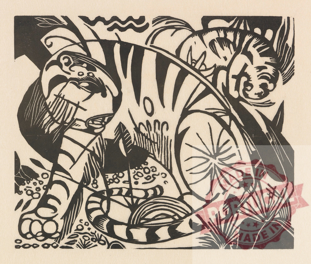 Tiger and cub resting in expressionist jungle woodcut | Mother tiger guarding cub in jungle, depicted in German Expressionism style - Realisiert mit Pictrs.com