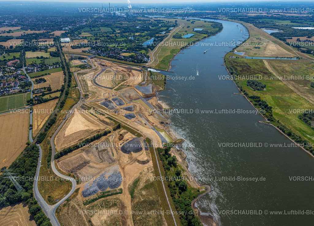 Voerde220702962 | Luftbild, Renaturierung Emschermündung, Fallbauwerk Emschermündung, Fluss Rhein und Rheinaue Auenlandschaft, Binnenschifffahrt, Möllen, Voerde, Ruhrgebiet, Nordrhein-Westfalen, Deutschland