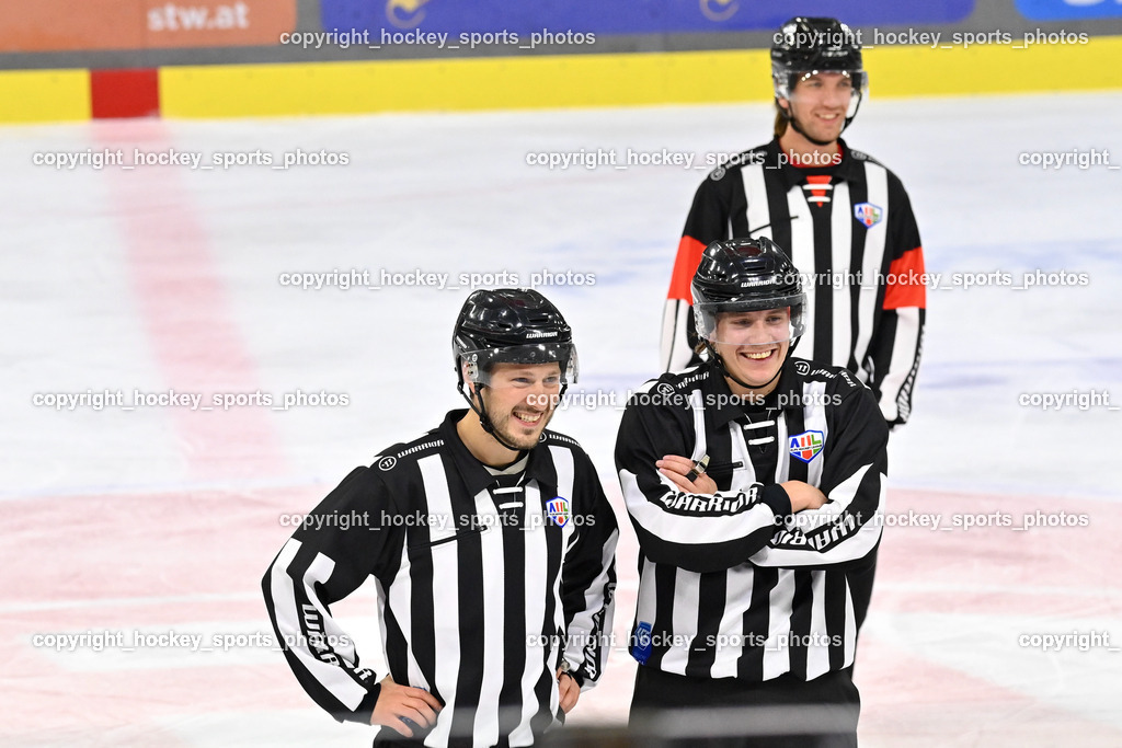 EC KAC Future Team vs. Die Adler Kitzbühl 7.10.2023 | LEGAT Konrad Referee, KANYO Tamas Referee, WENUSCH Hermann Referee, EC KAC Future Team vs. Die Adler Kitzbühl 7.10.2023, EC KAC Future Team vs. Die Adler Kitzbühl am 07.10.2023 in Klagenfurt (Messehalle Klagenfurt), Austria, (Photo by Bernd Stefan)