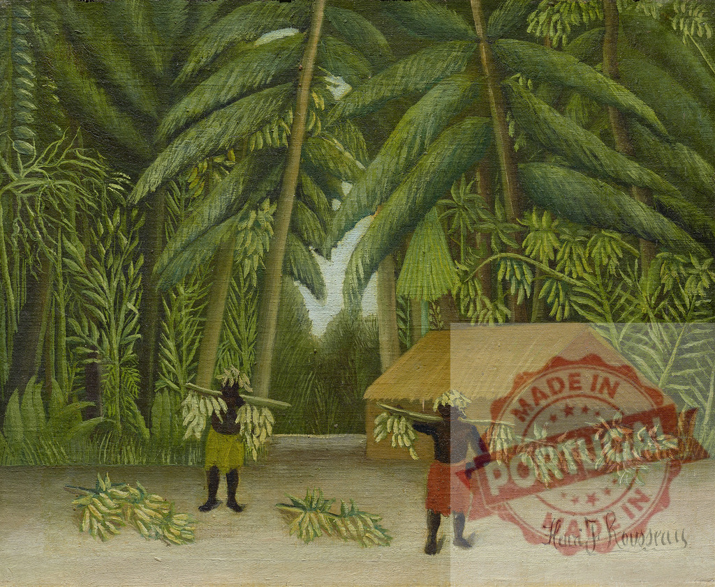 Henri Rousseau painting men harvesting bananas in jungle. Henri Rousseau | Two men carrying and gathering bananas in a tropical jungle clearing with a hut - Realized with Pictrs.com