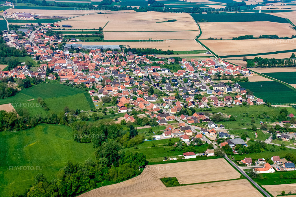 Vue aérienne: Vue du village depuis l'est à Niederrœdern dans le département Bas Rhin, France – .Photo: IMG_18125.jpg prise le 03/05/2009 par Werner Riehm/FLY-FOTO.eu – Résolution de l'original: 4272 x 2848 px