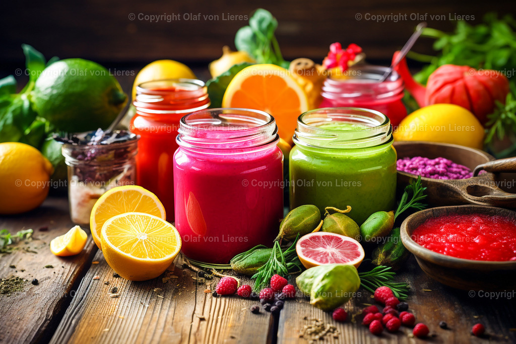 bunte Smoothies mit Zutaten | farbenfrohes Küchenbild mit Smoothies