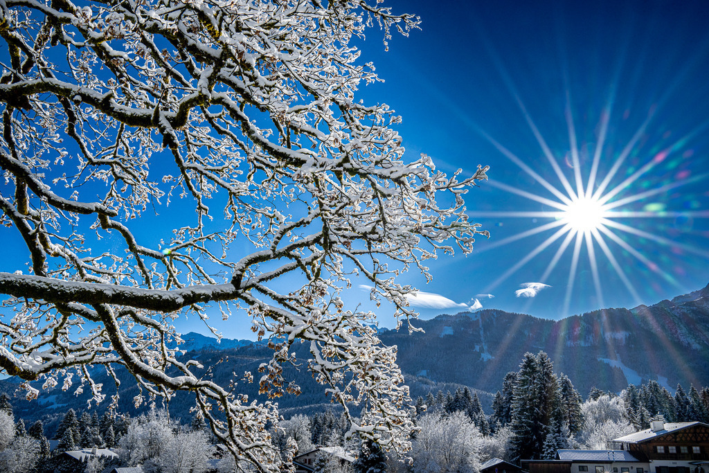 Winterliches Sonnenjuwel über Garmisch-Partenkirchen | Ein strahlender Wintertraum in den Alpen: Die Kälte lässt die schneebedeckten Äste im Vordergrund wie filigrane Eiskristalle leuchten, während eine makellose Sonnensterne-Explosion am tiefblauen Himmel steht. Im Hintergrund erheben sich die verschneiten Bergkette und die winterliche Kulisse von Garmisch-Partenkirchen. Die klare, eiskalte Gebirgsluft und das helle Sonnenlicht erzeugen eine magische Kontrastwirkung. Eine Aufnahme voller Erhabenheit, Stille und glitzernder Winterfreude, die das Herz erwärmt. - Realisiert mit Pictrs.com