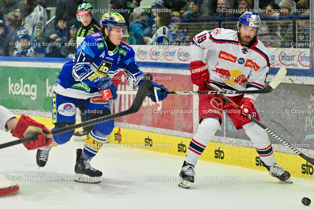 EC IDM WÄRMEPUMPEN VSV vs. EC Red Bull Salzburg | #77 LINDNER Philipp EC VSV, #19 Rowe Andrew EC Redbull Salzburg, EC IDM WÄRMEPUMPEN VSV vs. EC Red Bull Salzburg, EC IDM WÄRMEPUMPEN VSV vs. EC Red Bull Salzburg am 17.01.2025 in Villach (Stadthalle Villach), Austria, (Photo by Bernd Stefan)