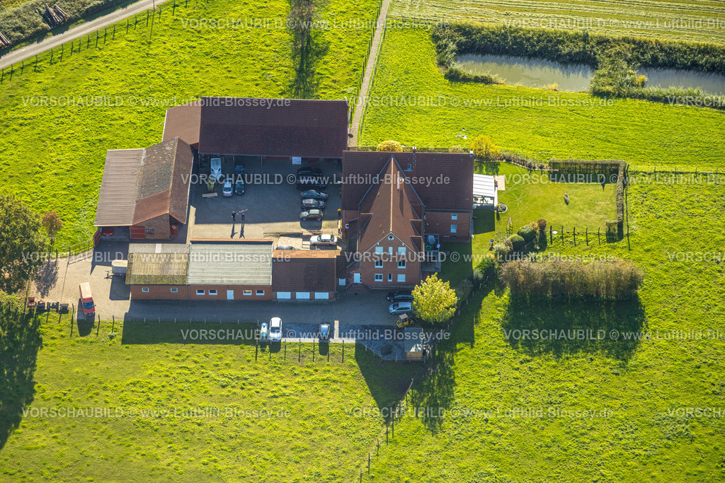 Hamm251001952HofSchnuebbe | Luftbild, Hof auf einer Wiese, Gerhard Schnübbe Landwirtschaftsbetrieb, Baumhofstraße, Stadtbezirk Pelkum, Hamm, Ruhrgebiet, Nordrhein-Westfalen, Deutschland