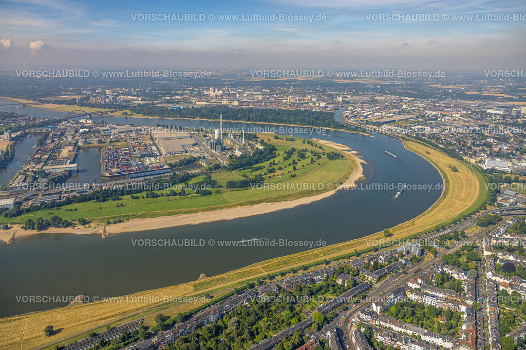 Duesseldorf220700727 | Luftbild, Binnenschifffahrt auf Fluss Rhein und Kraftwerk Lausward, Rheinbogen, Hafen, Düsseldorf, Rheinland, Nordrhein-Westfalen, Deutschland