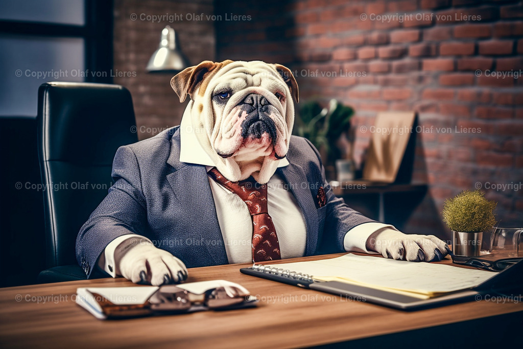 englische Bulldoggen am Schreibtisch | Bulldoggen als Chef im Büro