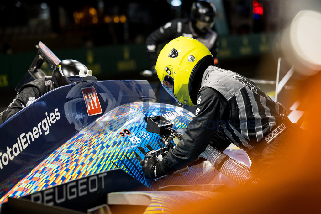 Trainproduction-20230611-0082 | LE MANS,FRANCE,11.Jun.23 - MOTORSPORTS - WEC, FIA World Endurance Championships, 24 Hours of Le Mans, Circuit de la Sarthe, race. Image shows Loic Duval (FRA), Gustavo Menezes (USA) and Nico Mueller (SUI/ Peugeot Totalenergies). Photo: Trainproduction / Matthias Trinkl