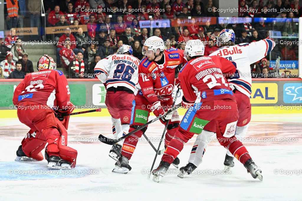 EC KAC vs. EC Red Bull Salzburb | #27 Hundertpfund Thomas EC KAC, #12 Maier David EC KAC, #26 Hochkofler Peter EC RED BULL SALZBURG,  #32 Dahm Sebastian EC KAC, EC KAC vs. EC Red Bull Salzburb, EC KAC vs. EC Red Bull Salzburb am 04.04.2025 in Klagenfurt (Heidi Horten Arena), Austria, (Photo by Bernd Stefan)