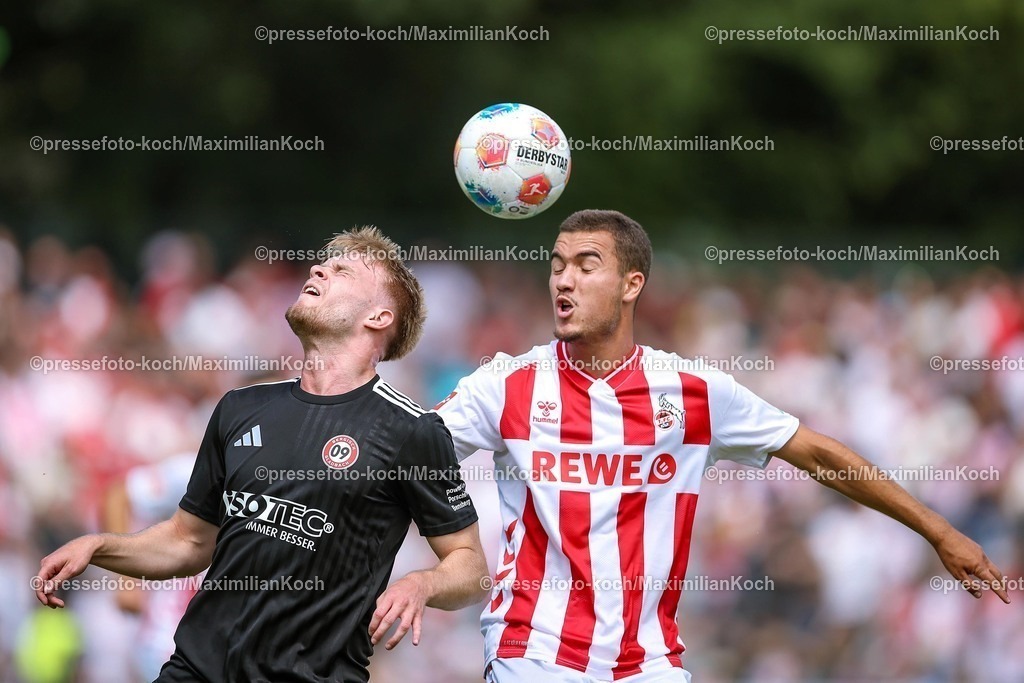 1FC12072501219 | 12.07.2025, Fußball, SV Bergisch Gladbach 09 - 1. FC Köln, Testspiel, BELKAW-Arena, Saison 2025 2026: Jan Tobias Ecke (Bergisch-Gladbach #18) im Zweikampf gegen Etienne Borie (1. FC Koeln #45) DFB regulations prohibit any use of photographs as image sequences and or quasi-video.