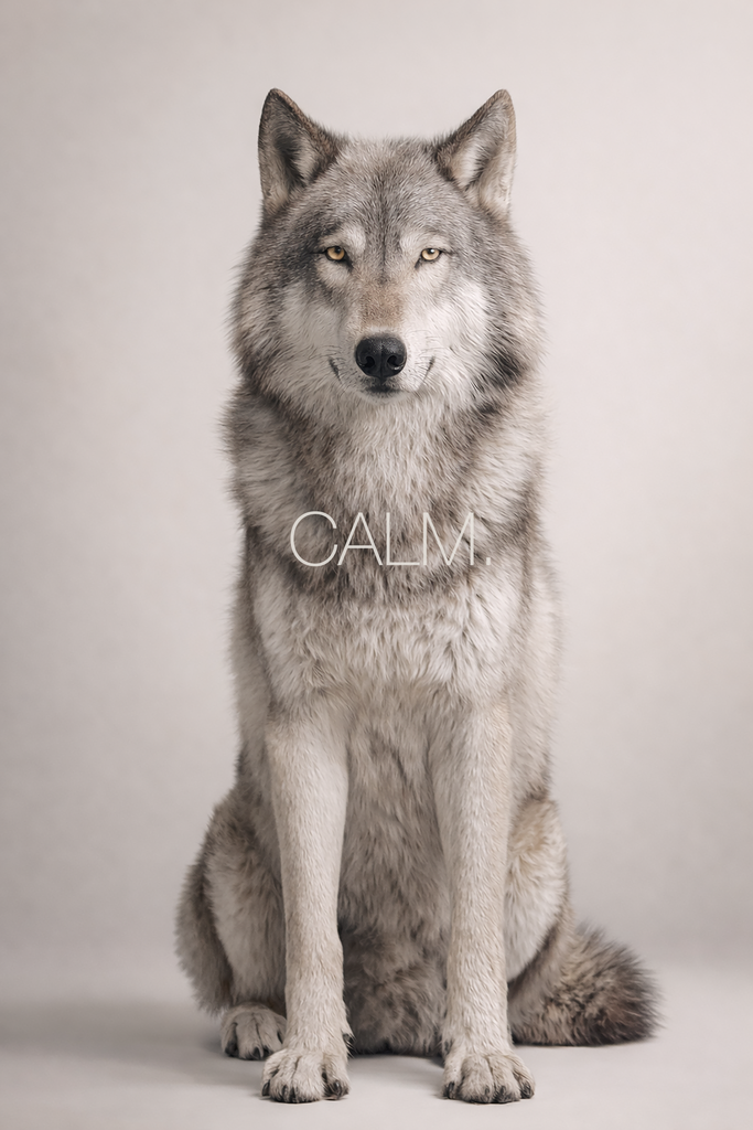 Poster: WILD WITHIN – CALM. | Grauer Wolf sitzt frontal vor hellem, weichem Studiohintergrund und wirkt ruhig und ausgeglichen. Typografisches Poster aus der Kollektion WILD WITHIN mit dem Wort „CALM.“ - Realisiert mit Pictrs.com