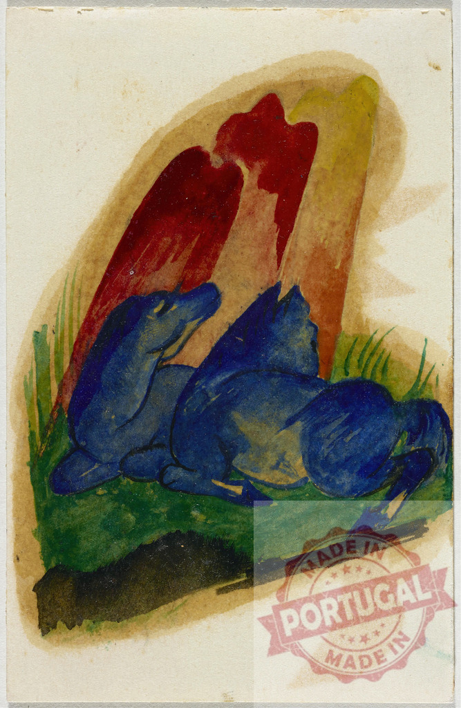 Franz Marc's blue foal resting in nature | Two blue foals resting on green grass under abstract red and yellow shapes - Realisiert mit Pictrs.com