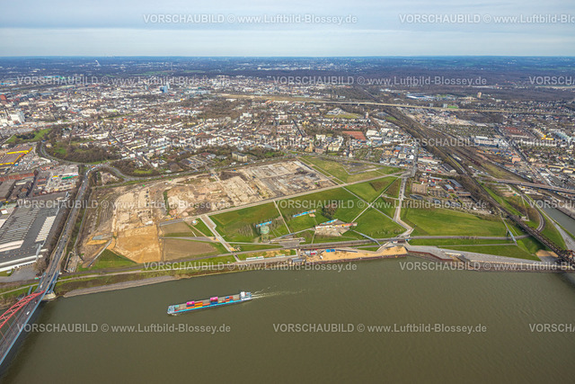 Duisburg230302145 | Luftbild, Rheinpark Duisburg am Fluss Rhein und geplante Wohnanlage RheinOrt Hochfeld, Brücke der Solidarität und Hochfelder Eisenbahnbrücke über den Fluss Rhein, künftiges IGA-Gelände, Hochfeld, Duisburg, Ruhrgebiet, Nordrhein-Westfalen, Deutschland