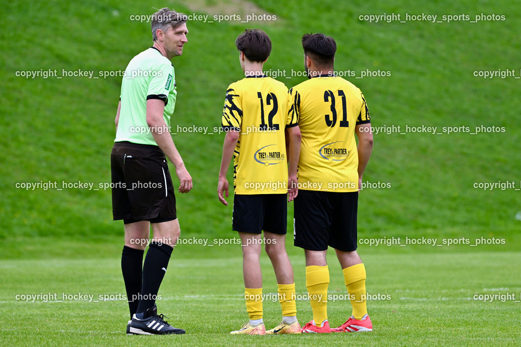 FC Faakersee vs. URC Thal Assling | Martin Begusch Referee, #12 Moritz Nico Prugger FC Faakersee, #31 Arnel Mulahalilovic FC Faakersee, FC Faakersee vs. URC Thal Assling, FC Faakersee vs. URC Thal Assling am 04.05.2025 in Finkenstein (Sportplatz Finkenstein), Austria, (Photo by Bernd Stefan)