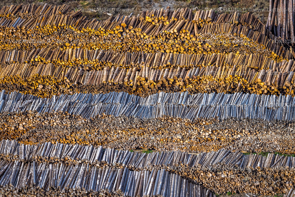 Bestwig220902089 | Luftbild, Waldschäden, Waldsterben, Holzstapel, Baumstämme, Formen und Farben, Ostwig, Bestwig, Ruhrgebiet, Nordrhein-Westfalen, Deutschland