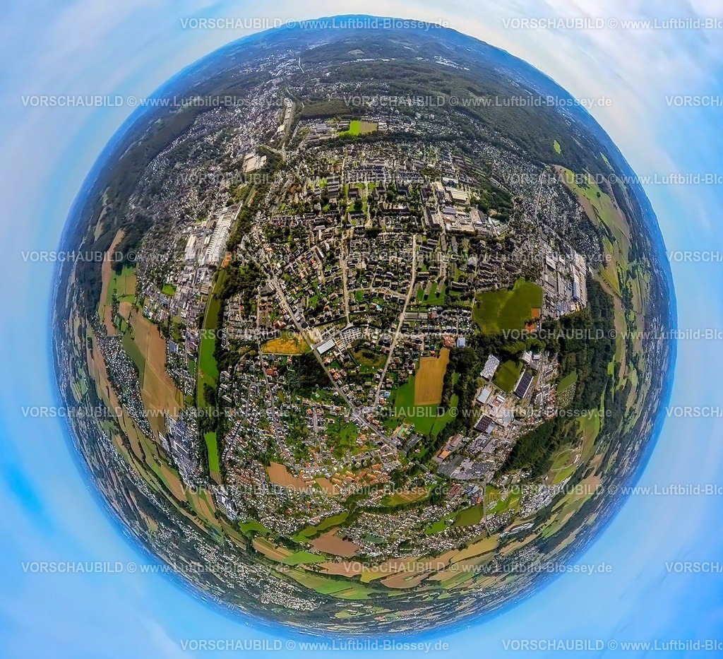 Menden230990227PlatteHeide | Luftbild, Ortsteil Wohngebiet Platte Heide, Erdkugel, Fisheye Aufnahme, Fischaugen Aufnahme, 360 Grad Aufnahme, tiny world, Menden, Menden, Sauerland, Nordrhein-Westfalen, Deutschland