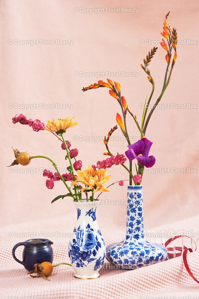 Blau-weiße Vasen mit Montbretien auf rosa | zwei kleine blau-weiße Vasen mit orangen Montbretien auf rosa Untergrund als Druck - Realisiert mit Pictrs.com