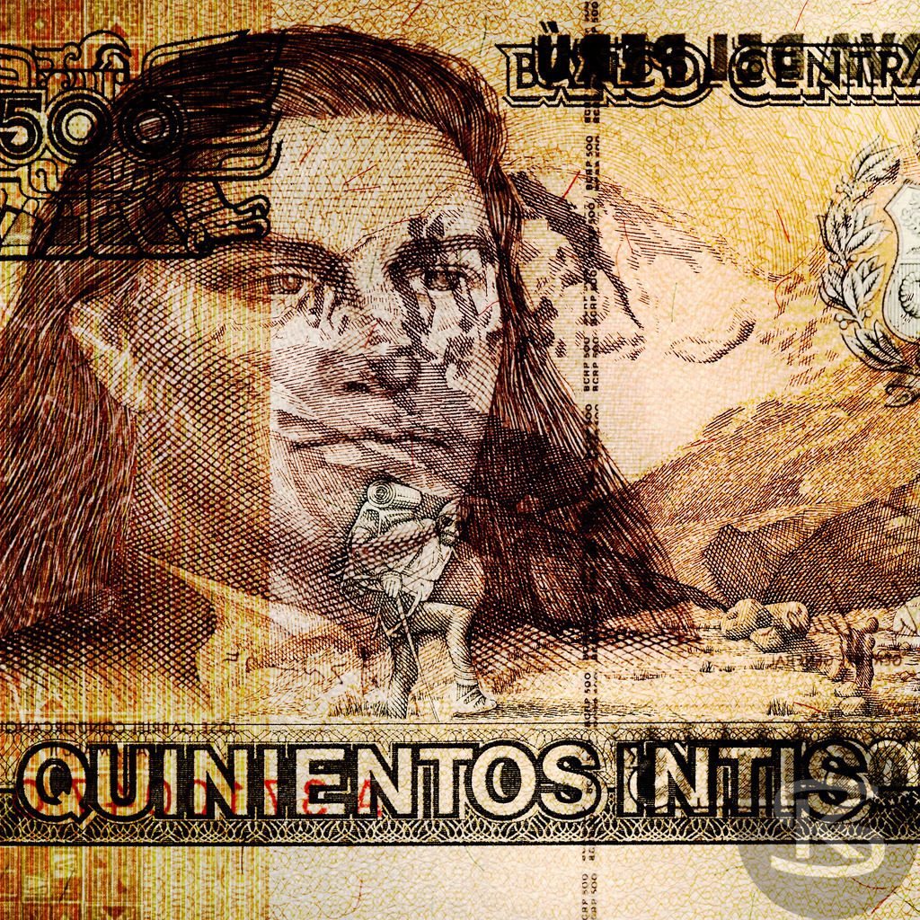PERU - José Gabriel Tupaq Amaru II. | Revolutionsführer, 1738-1781 | Entdecken Sie "Gesichter der Währungen" – eine einzigartige Fotoserie von Stefan Kuhn, die Banknoten aus aller Welt als Kunstwerke neu interpretiert. Vorder- und Rückseite verschmelzen zu faszinierenden Kompositionen.  - Realisiert mit Pictrs.com