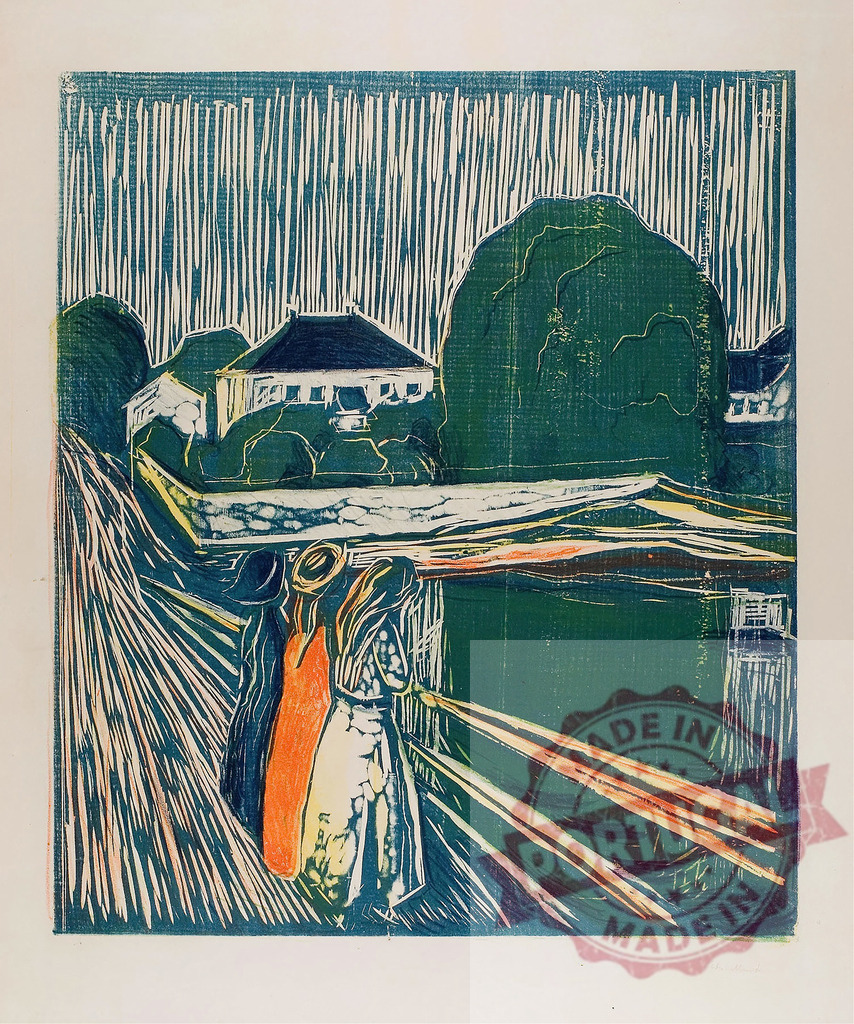 Edvard Munch's The Girls on the Bridge woodcut | Edvard Munch Three women standing on a bridge, looking over the water in an expressionist woodcut print - Realisiert mit Pictrs.com