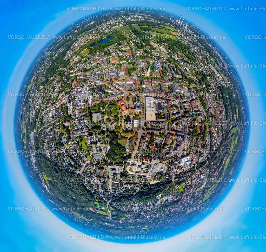 Gladbeck240890540Rathaus | Luftbild, neues und altes Rathaus mit Hochhaus Sparkasse Gladbeck - Hauptgeschäftsstelle, Erdkugel, Fisheye Aufnahme, Fischaugen Aufnahme, 360 Grad Aufnahme, tiny world, little planet, fisheye Bild, Gladbeck, Ruhrgebiet, Nordrhein-Westfalen, Deutschland