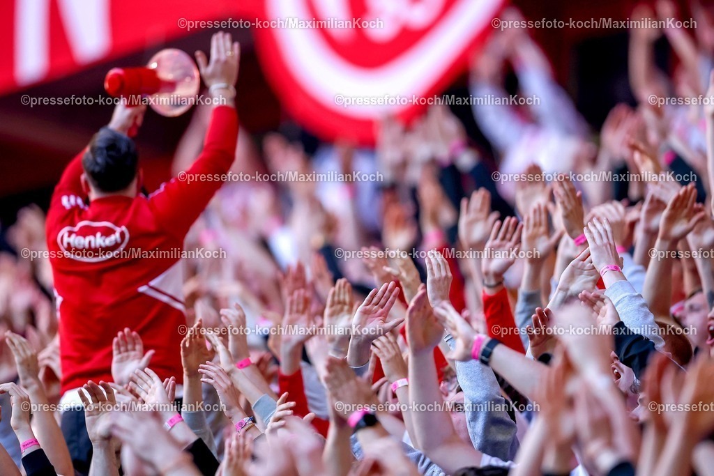 F9524042601071 | 24.04.2026, Fußball, Fortuna Düsseldorf - SC Dynamo Dresden, 2. Fußball Bundesliga, Herren, Merkur Spiel-Arena, 31. Spieltag, Saison 2025 2026: Die Ultras auf der Tribüne feuern zusammen die Mannschaft von der Haupttribüne aus an.  DFB regulations prohibit any use of photographs as image sequences and or quasi-video.