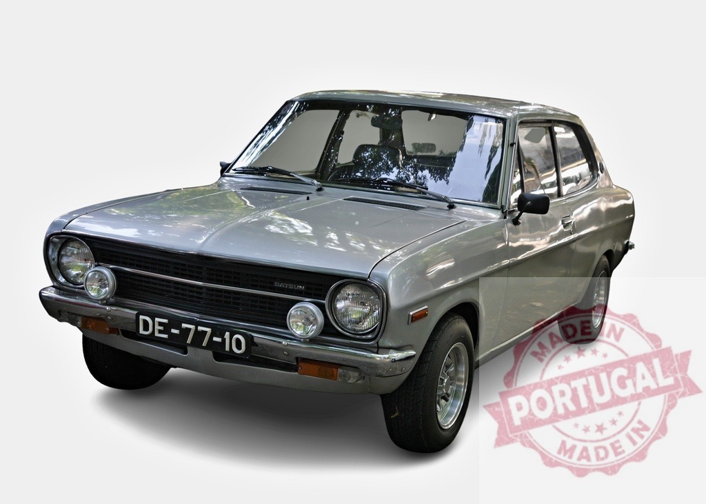 Datsun Sunny 1200 Coupe Deluxe posing in a studio | Classic Datsun Sunny 1200 Coupe Deluxe car manufactured by Nissan Motors, isolated on white background - Realized with Pictrs.com