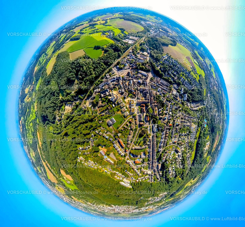 Velbert240890714Neviges | Luftbild, Wohngebiet und Ortsansicht mit Mariendom und Neubau Wohngebiet Tönisheider Straße, Bahngleise am Wald, Erdkugel, Fisheye Aufnahme, Fischaugen Aufnahme, 360 Grad Aufnahme, tiny world, little planet, fisheye Bild, Neviges, Velbert, Ruhrgebiet, Nordrhein-Westfalen, Deutschland
