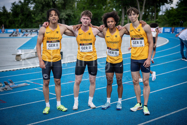 Juniorengala 2026; Mannheim, 14.06.2026 | MANNHEIM, GERMANY - JUNE 14, 2026 : Relay Team Germany 2 (not in order): REICHL, Florian (2007); BAUERSCHLAG, Jakob (2007); STROH, Philip (2007); KIEß, Enzo (2007) posing during the Juniorengala 2026 at Michael-Hoffmann-Stadion on June 14, 2026 in Mannheim, Germany.