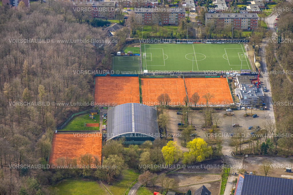 Dinslaken240308612 | Luftbild, Fußballstadion Veilchen Arena und Tennisplätze mit Baustelle, Tennishalle Jahn Hiesfield mit Solardach, Hiesfeld, Dinslaken, Nordrhein-Westfalen, Deutschland