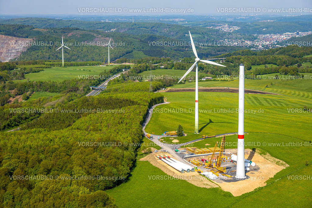 Hagen240504618Hohenlimburg | Luftbild, Baustelle Windpark Stoppelberg, zwischen Hohenlimburg und Brechtefeld, neue Windräder im Waldgebiet mit Waldschäden, Dahl, Hagen, Ruhrgebiet, Nordrhein-Westfalen, Deutschland