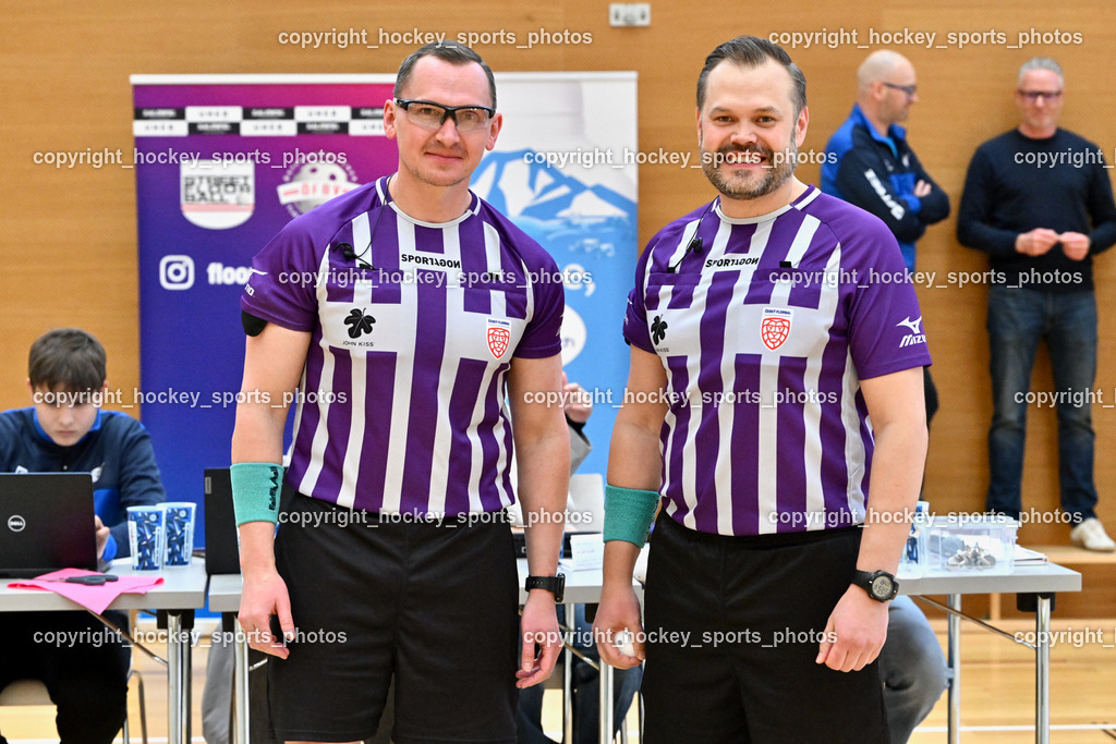 FBK Loka vs. VSV Unihockey | Artem Zolotar Referee, Igor Ivanchenko Referee, FBK Loka vs. VSV Unihockey, FBK Loka vs. VSV Unihockey am 23.03.2025 in Villach (Ballspielhalle St. Martin), Austria, (Photo by Bernd Stefan)