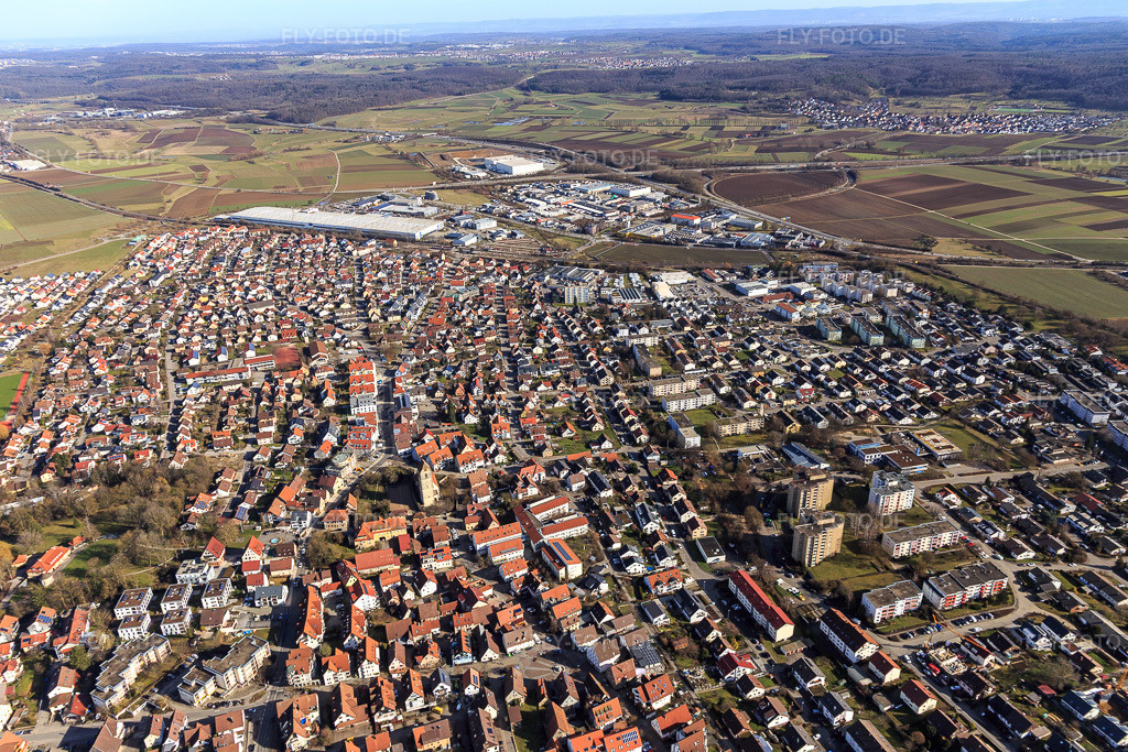 Luftbild: Ortsansicht aus Westen in Gärtringen im Bundesland Baden-Württemberg in Deutschland. Foto: IMG_125149.jpg vom 20.02.2021 durch Werner Riehm/FLY-FOTO.de