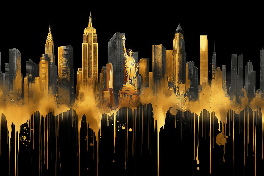 2507038 - Goldene New York Skyline | Bestelle diese moderne fantasievolle New York Skyline als hochwertigen Kunstdruck, z.B. auf Leinwand oder hinter Acrylglas in vielen Größen und Ausführungen.