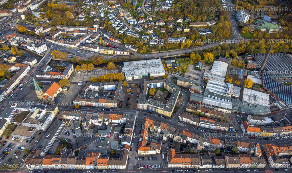 Hagen251102463 | Luftbild, evang. Johanniskirche und Kino CineStar Hagen mit Marktplatz in der City, Fluss Volme, Mittelstadt, Hagen, Ruhrgebiet, Nordrhein-Westfalen, Deutschland