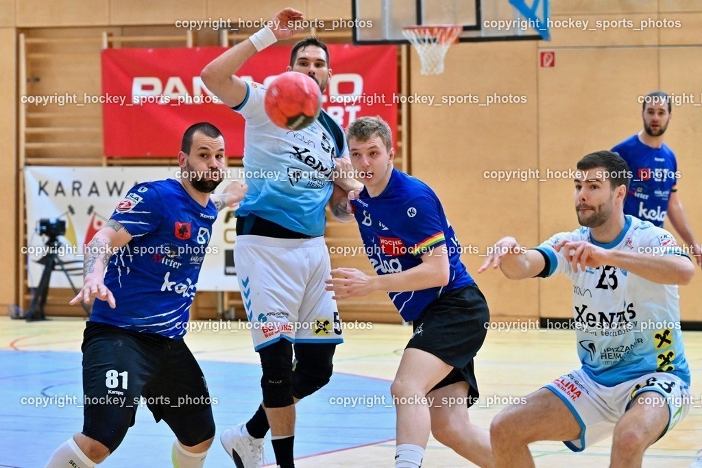 SC Ferlach vs. HSG Bärnbach/Köflach 30.3.2024 | #81 MILICEVIC Adrian SC Ferlach, #56 Beciri Kristian HSG Bärnbach, #8 KNAPP Simon SC Ferlach, #23 Grbavac Josip HSG Bärnbach, SC Ferlach vs. HSG Bärnbach/Köflach 30.3.2024, SC Ferlach vs. HSG Bärnbach/Köflach am 30.03.2024 in Ferlach (Ballspielhalle Ferlach), Austria, (Photo by Bernd Stefan)