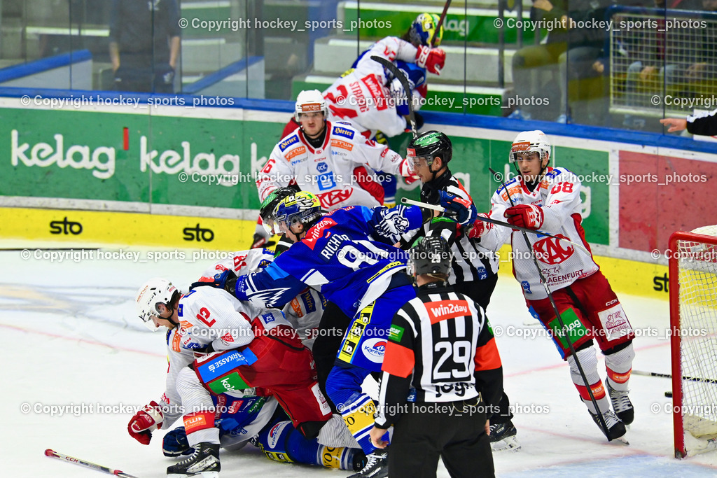 EC IDM Wärmepumpen VSV vs. EC KAC  | BÄRENTHALER Christoph Referee, ZGONC GASPER JAKA Referee, Faustkampf, #81 van Ee Finn EC KAC, #42 LANZINGER Benjamin EC VSV, #12 Maier David EC KAC, #68 Gomboc Luka EC KAC, EC IDM Wärmepumpen VSV vs. EC KAC , EC IDM Wärmepumpen VSV vs. EC KAC  am 27.10.2024 in Villach (Stadthalle Villach), Austria, (Photo by Bernd Stefan)