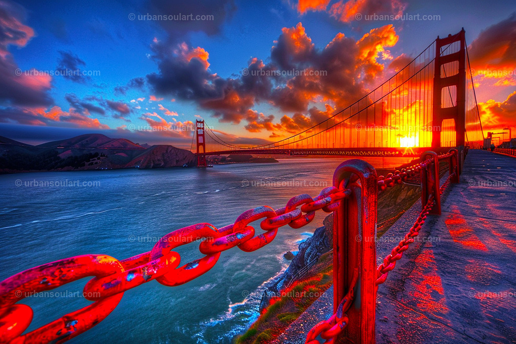 Golden Gate Bridge Sunrise | Bask in the glow of sunrise over the Golden Gate Bridge in this breathtaking piece. With vivid colors reflecting on the water and sky, this iconic San Francisco scene is perfect for travel enthusiasts and those who appreciate dramatic, scenic art. - Realisiert mit Pictrs.com