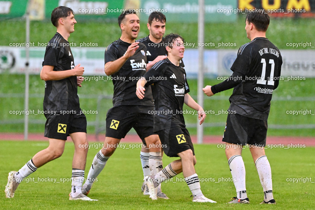 SV Rapid Lienz vs. URC Thal Assling | #11 Pascal Oliver Kofler Thal Assling, Jubel Thal Assling Mannschaft, #22 Samuel Stephan Schönegger Thal Assling, #13 Philipp Perfler Thal Assling,  SV Rapid Lienz vs. URC Thal Assling, SV Rapid Lienz vs. URC Thal Assling am 08.06.2024 in Lienz (Dolomiten Satadion), Austria, (Photo by Bernd Stefan)