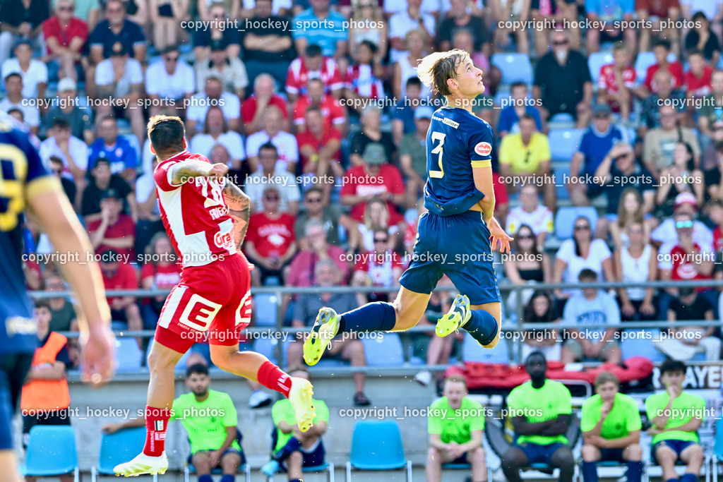 ATUS Velden vs. GAK | #28 Dominik Frieser GAK, #3 Marlon Louis Winter ATUS Velden, ATUS Velden vs. GAK, ATUS Velden vs. GAK am 26.07.2024 in Villach (Stadion Lind), Austria, (Photo by Bernd Stefan)