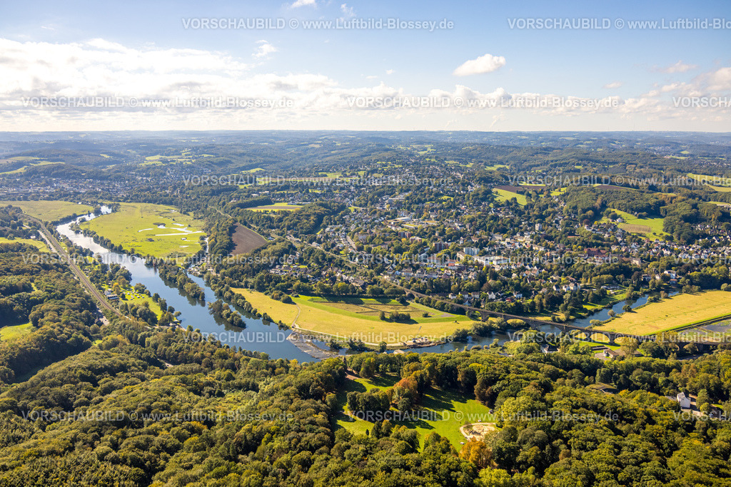 Witten241000442 | Luftbild, Hohenstein und Berger Denkmal, Fluss Ruhr mit Ruhr Viadukt Witten Eisenbahnbrücke, Naturschutzgebiet Ruhraue Witten-Gedern, Ruhrinsel im Fluss Ruhr mit Campingplatz Steger, Blick zum Ortsteil Bommern, Bahnlinie Witten-Wetter, Witten, Ruhrgebiet, Nordrhein-Westfalen, Deutschland