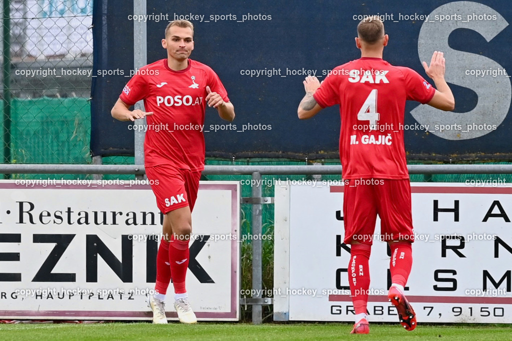 SVG Bleiburg vs. SAK 23.9.2023 | #14 Luka Gajic SAK, #4 Marko Gajic SAK, Jubel SAK, SVG Bleiburg vs. SAK 23.9.2023, SVG Bleiburg vs. SAK am 23.09.2023 in Bleiburg (Karl Kornberger Stadion), Austria, (Photo by Bernd Stefan)