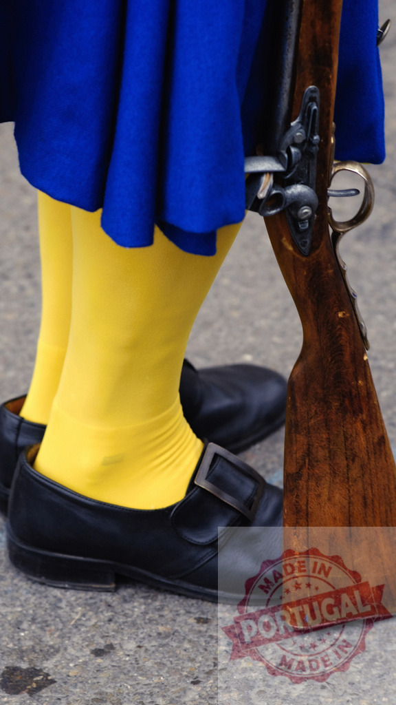 Swedish Guard uniform with flintlock musket at Royal Palace | Swedish Royal Guard wearing historical uniform with a flintlock musket - Realized with Pictrs.com