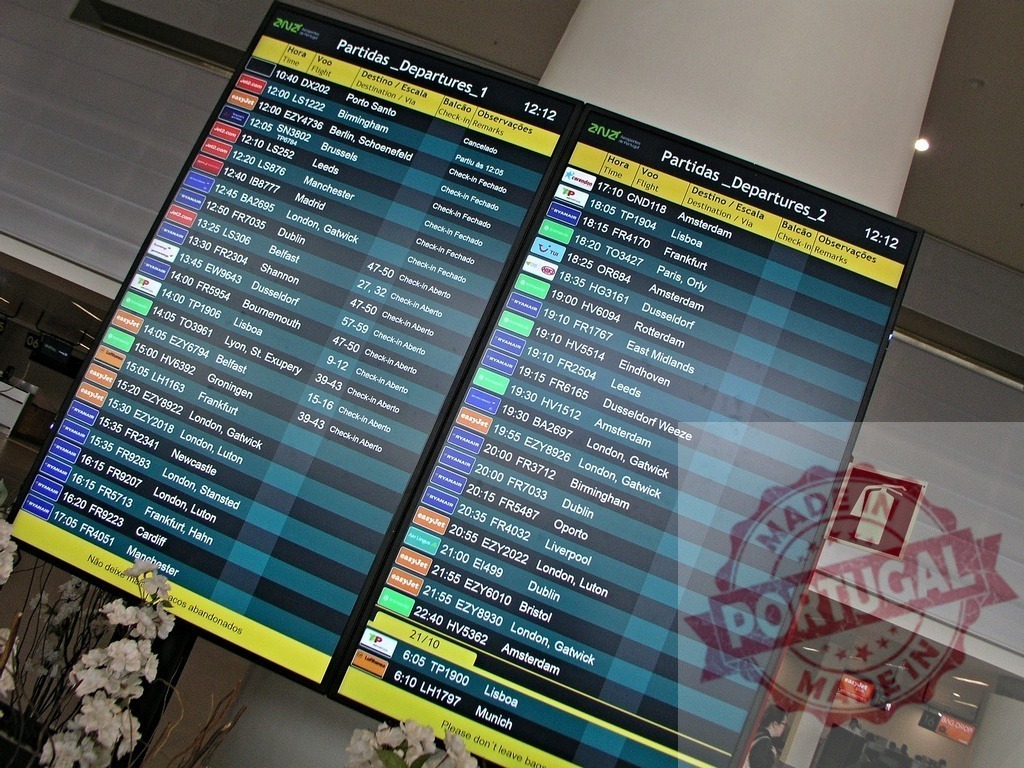 Airport departure board displaying flight schedules and destinations | Airport departure board showing updated flight information, times, and gates for travelers - Realized with Pictrs.com